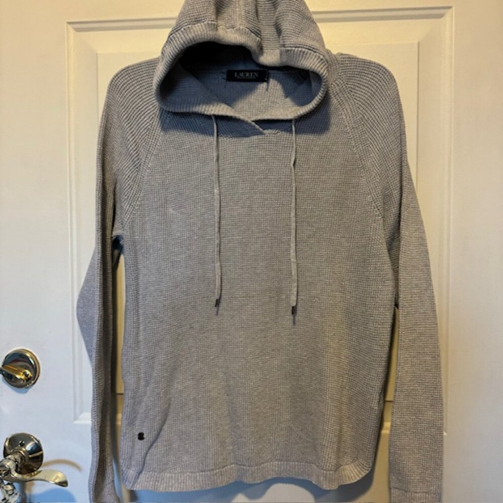 Lauren Ralph Lauren Grey Waffle/Thermal Knit Hooded Pullover Sweater